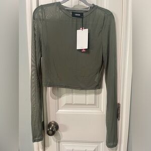 Cider Olive Green Long Sleeve Sheer Top NWT